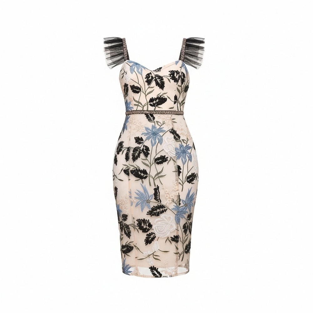 Lulus Show Stopper Dress M Midi Mesh Embroidered Sequin Floral Wedding Party - Picture 2 of 16
